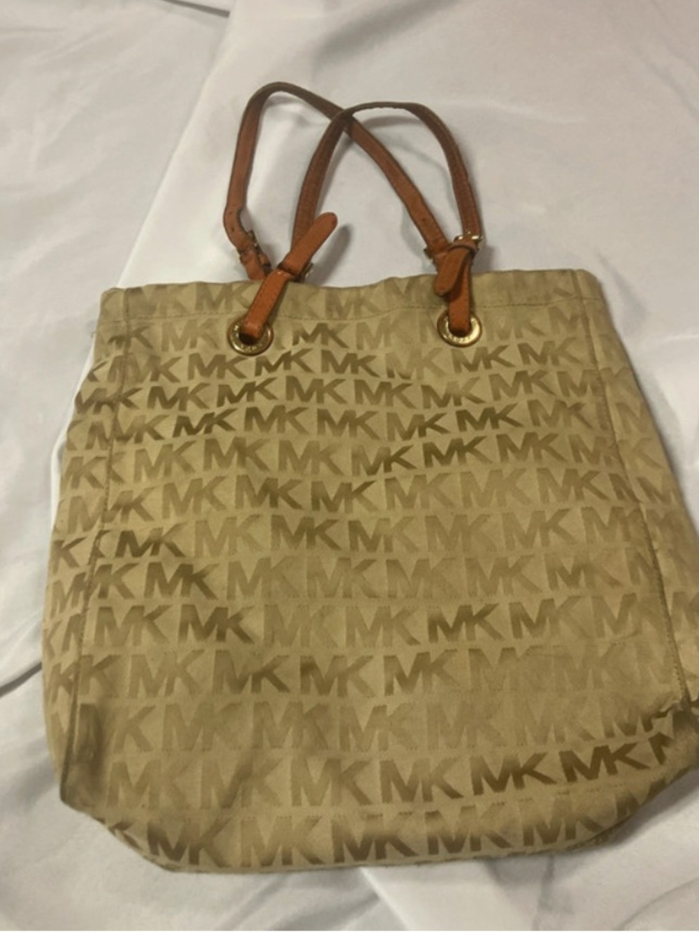 Michael Kors Beige MK Logo Tote with Tan Leather Straps